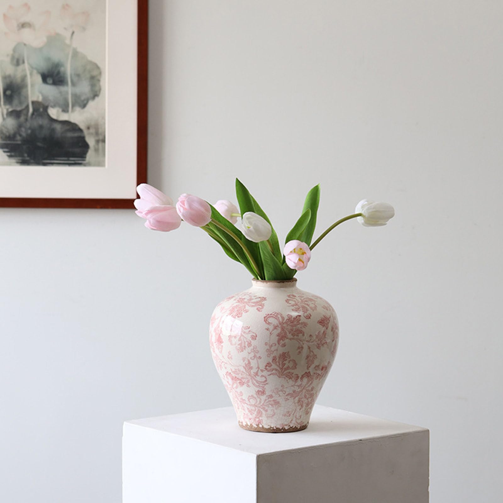Grand vase floral chinoiserie en céramique vintage haut de gamme pour votre salon