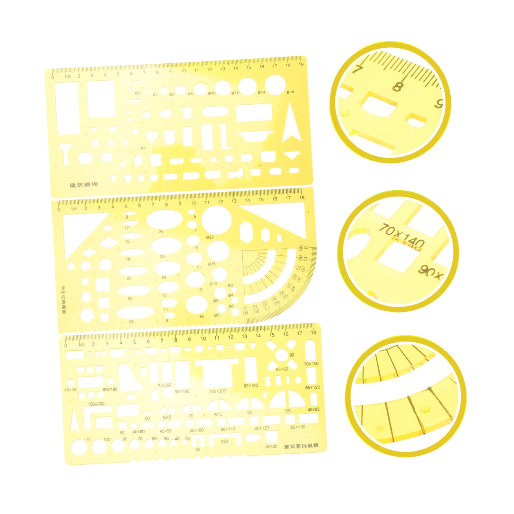 NUOBESTY 3 Juegos regla de la herramienta de medición escala regla para dibujar gobernantes maquinista Dibujo manualidades craft plantilla regla geométrica regla circular el plastico Yellow