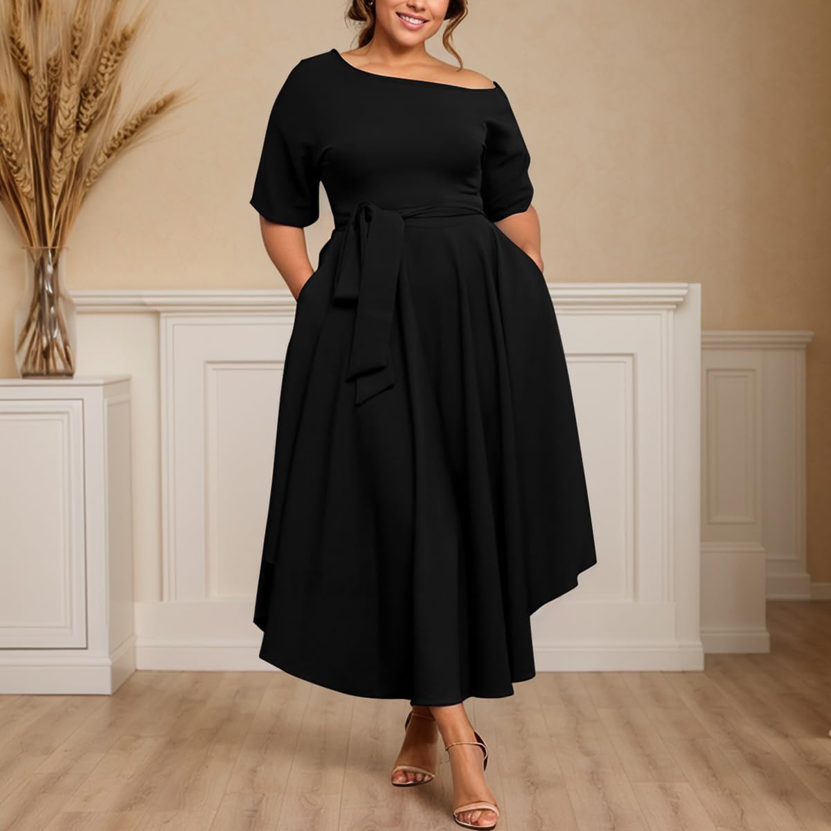 Plus Size Women Wedding Guest Dress Off Shoulder Boat Neck Irregularly Flowy Midi Church Dress - Image 4