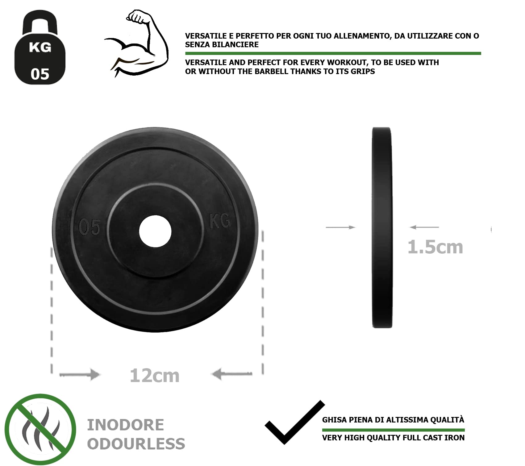 Discos de hierro fundido de goma G5 HT Sport Ø agujero 25 mm para gimnasio y casa gimnasio de 0,5 a 20 kg para mancuernas y barras