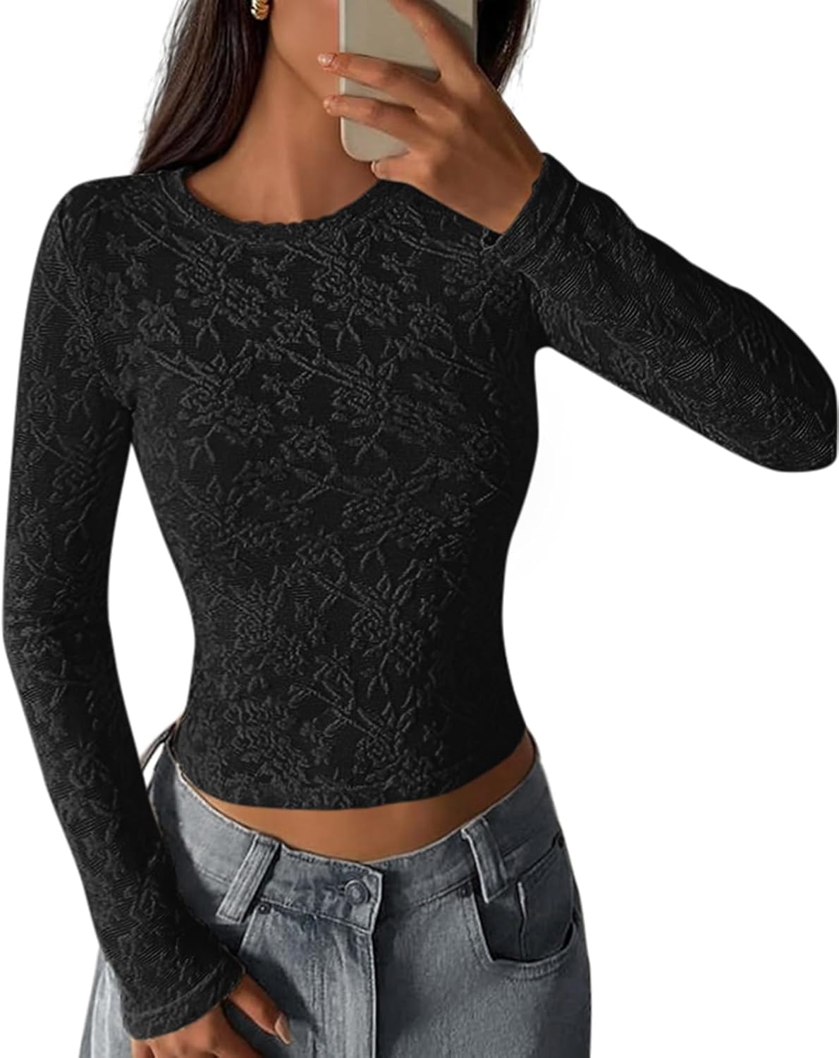 PRETTYGARDEN Women's 2026 Fall Long Sleeve Lace Dressy Casual Blouses Crewneck Slim Embroidered Fashion Mesh Tops Shirts