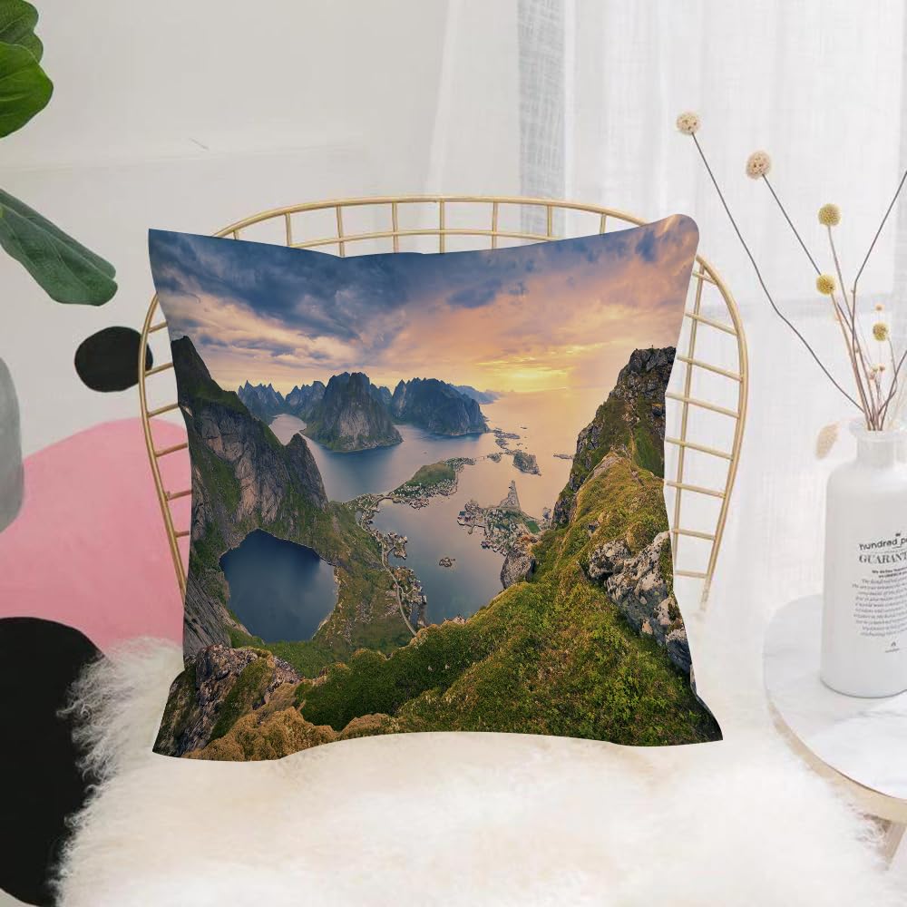 Hyosxw Landscape, Reinebringen At Lofoten Islands I - A3 Cushion Cover,Throw Pillow Case Home Decorative For Living Room Bedroom Sofa Chair 18X18 Inch,Landscape, Reinebringen At Lofoten Islands In Norway Summe,Pillowcase 45X45cm