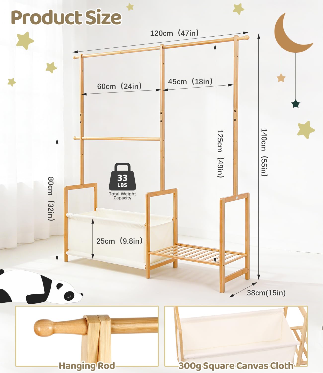 Portant à vêtements en bambou avec trois espaces de suspension, petit organisateur de vêtements pour enfants avec sac de rangement et étagère, pour costumes et accessoires