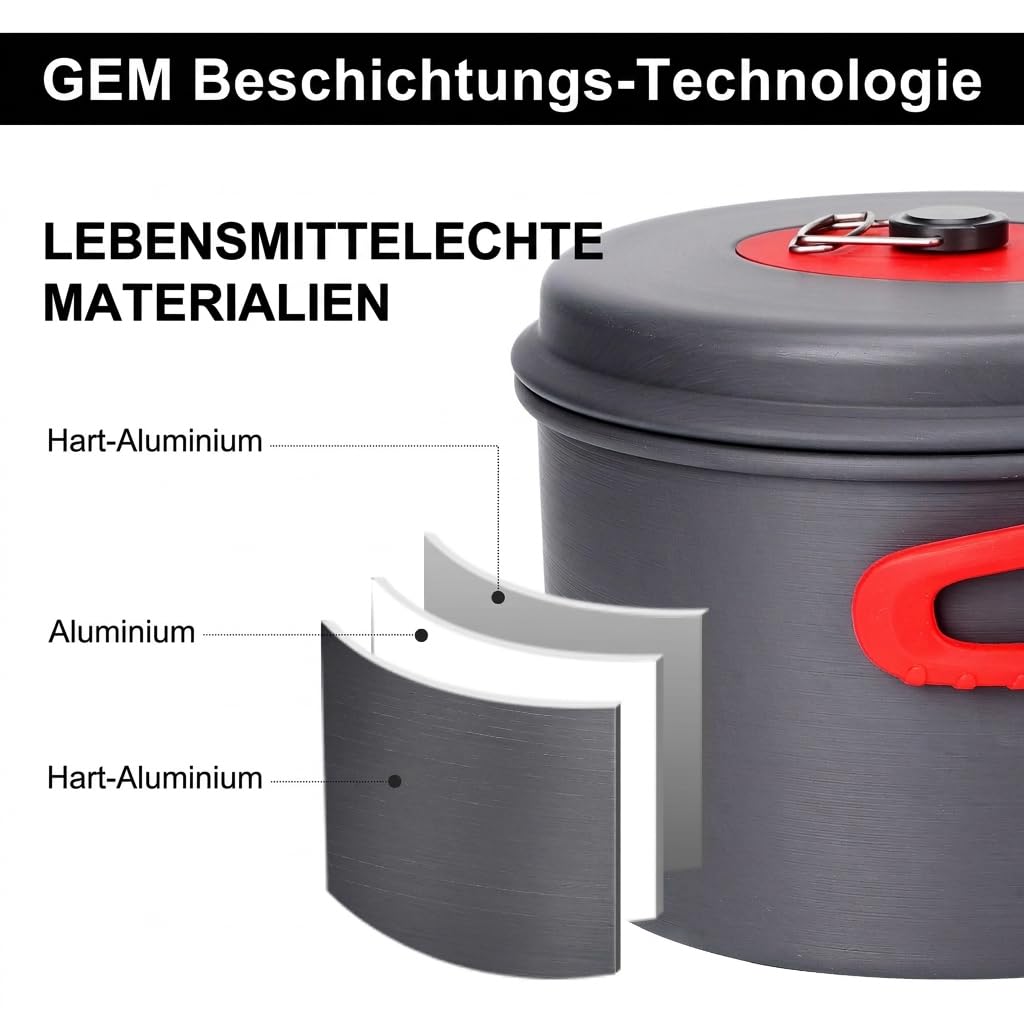 ALocs Camping-Kochgeschirr-Set, leichte Aluminiumtöpfe und -pfannen mit antihaftbeschichteter Bratpfanne, kompaktes, stapelbares Camping-Kochset zum Wandern, Trekking und Kochen im Freien