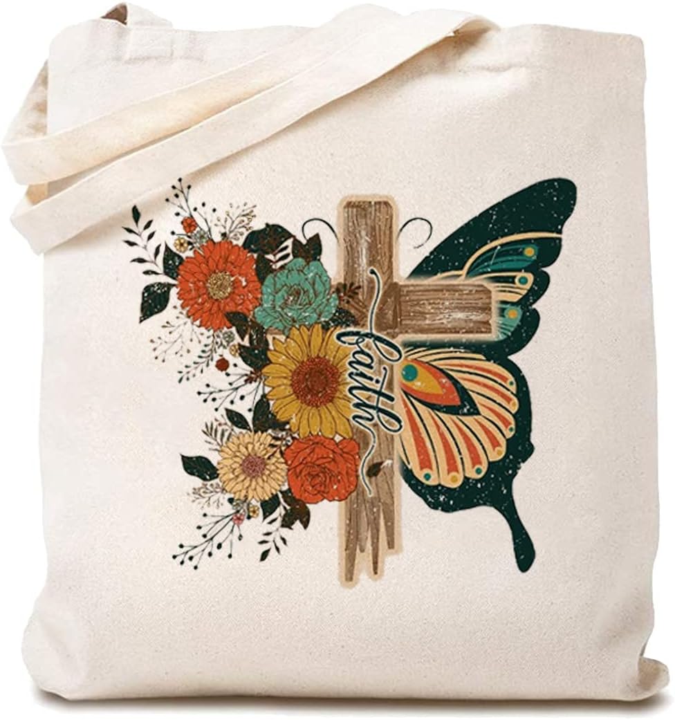 Christian Canvas Tote Bags for Women - Flower Butterfly Faith Cross Shoulder Bag - Christian Gift