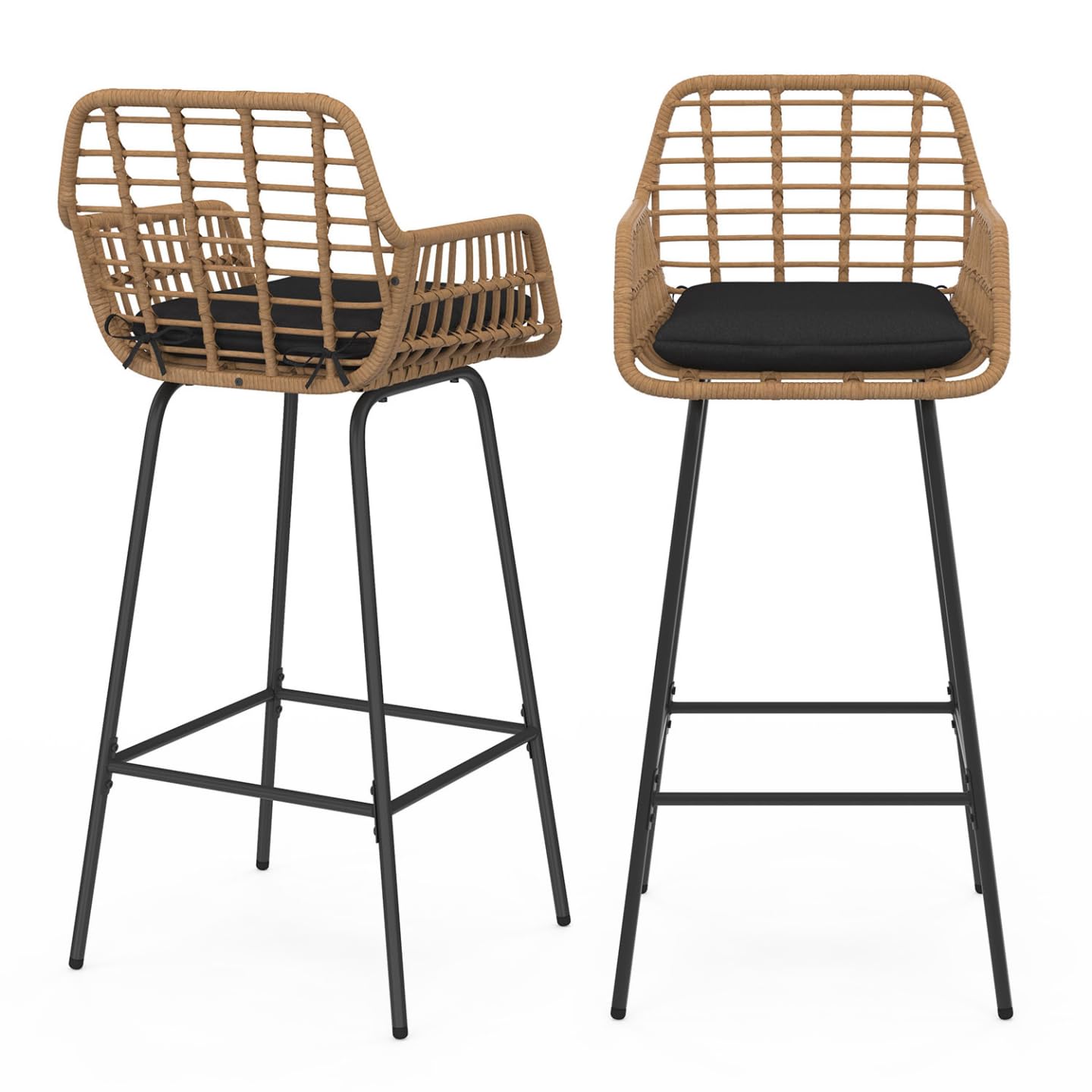 IDMarket - Lot de 2 tabourets de Bar Summer Effet rotin Beige Pied Metal Noir avec accoudoirs