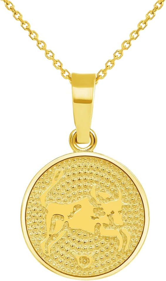 14k Yellow Gold Tiny Round Zodiac Sign Charm Horoscope Pendant Necklace