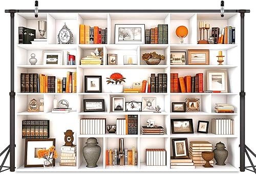 Vista 7 de Telón de fondo marrón de 6 x 4 pies, estantería retro moderna para reuniones de Zoom, videoconferencias, decoración de oficina en casa y accesorios