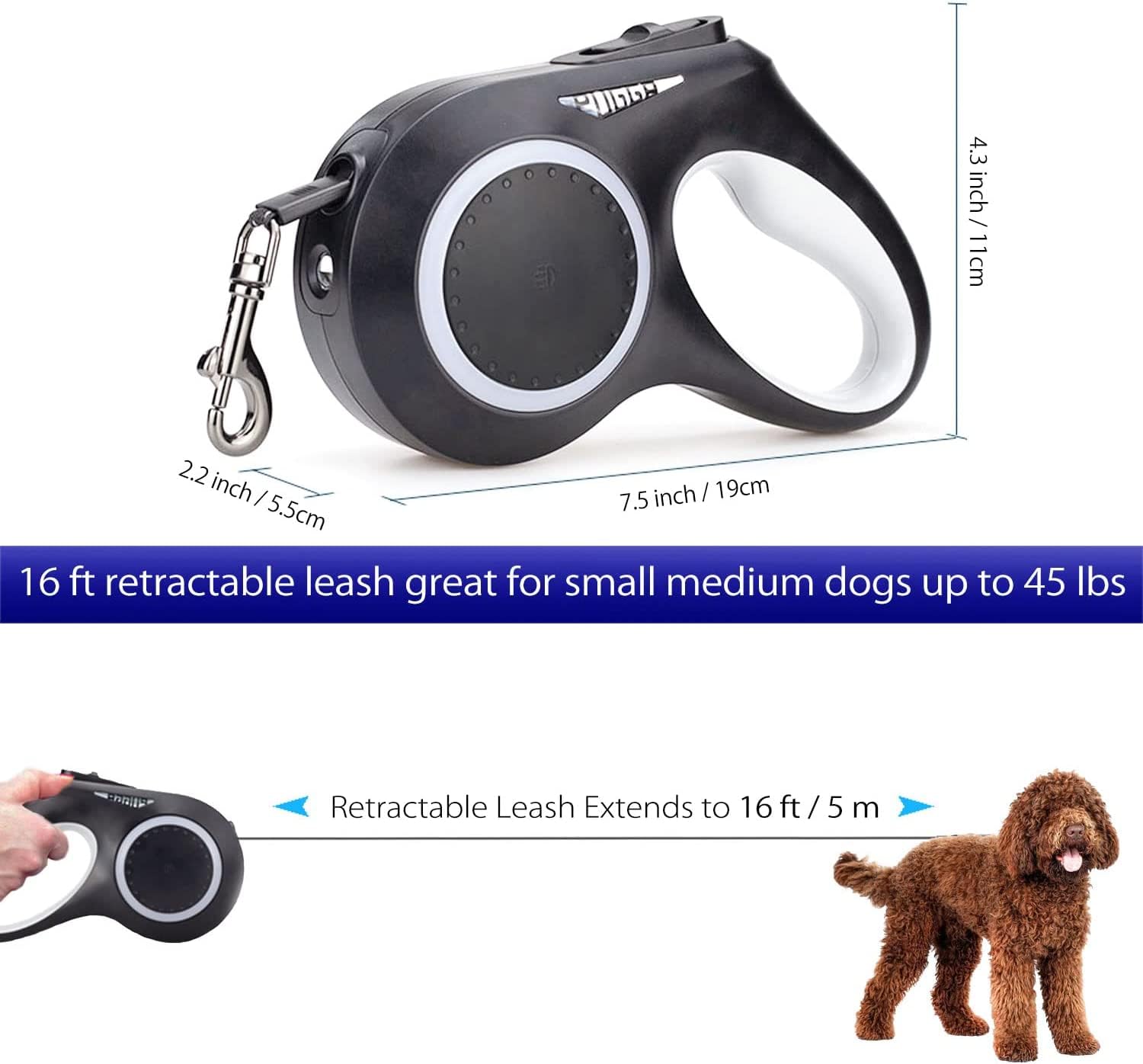 Correa Retráctil para Perros Pequeños Y Medianos De hasta 45 Libras - Correa Retráctil De 16 Pies con Luz LED - Recargable, Sin Enredos