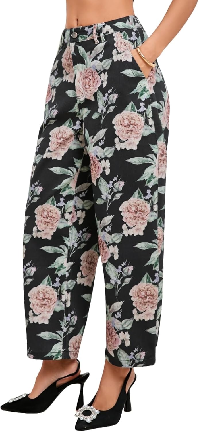 Women Floral Embroidered Barrel Jeans Wide Leg Mid Rise Boyfriend Baggy Denim Ankle Pants with Pockets