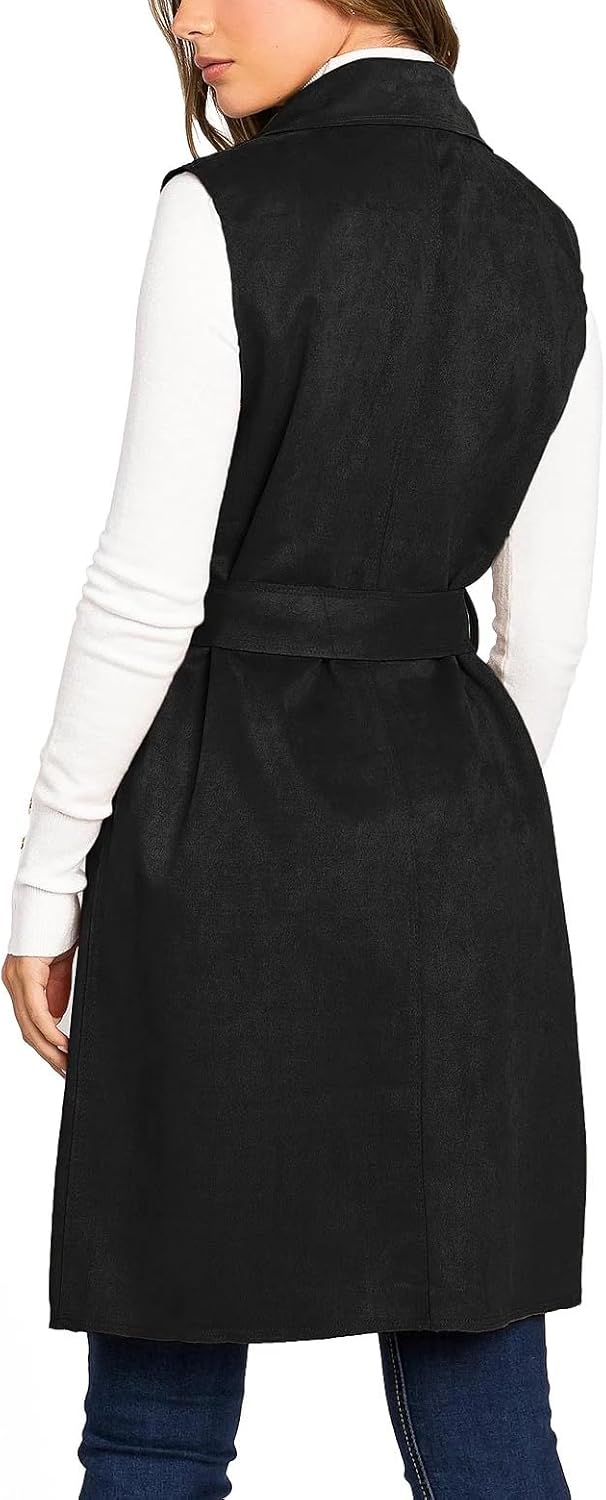 IDEALSANXUN Womens Long Suede Vest Fall Winter Sleeveless Trench Coat with Belt - Image 3