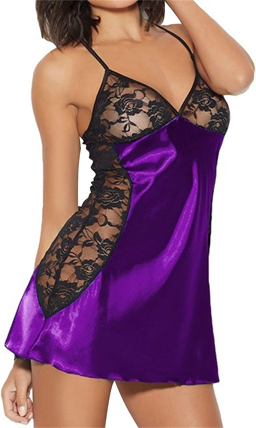 GenericWomens Satin Lace Chemise Sexy Halter Mesh Lingerie Babydoll Nightwear Strap Deep V Neck Nightgown Dress Purple,3XLarge
