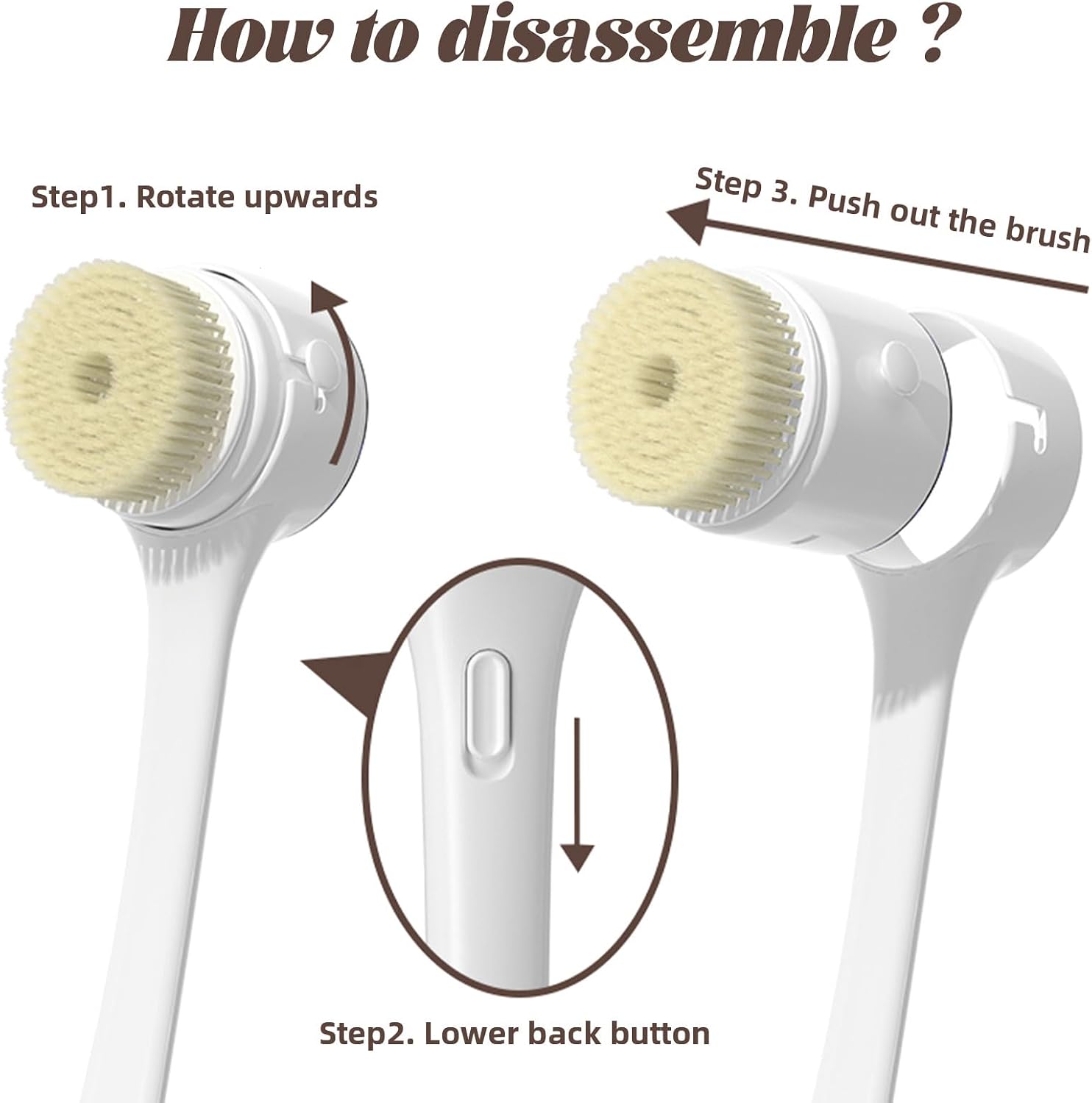 Electric Body Brush, 3 Speed Silicone Body Scrubber with LCD Display, 5in1 Back Scrubber for Shower, Waterproof Rotating Body Brushes, Rechargeable Bath Brush for Clean Exfoliate Massage (White)