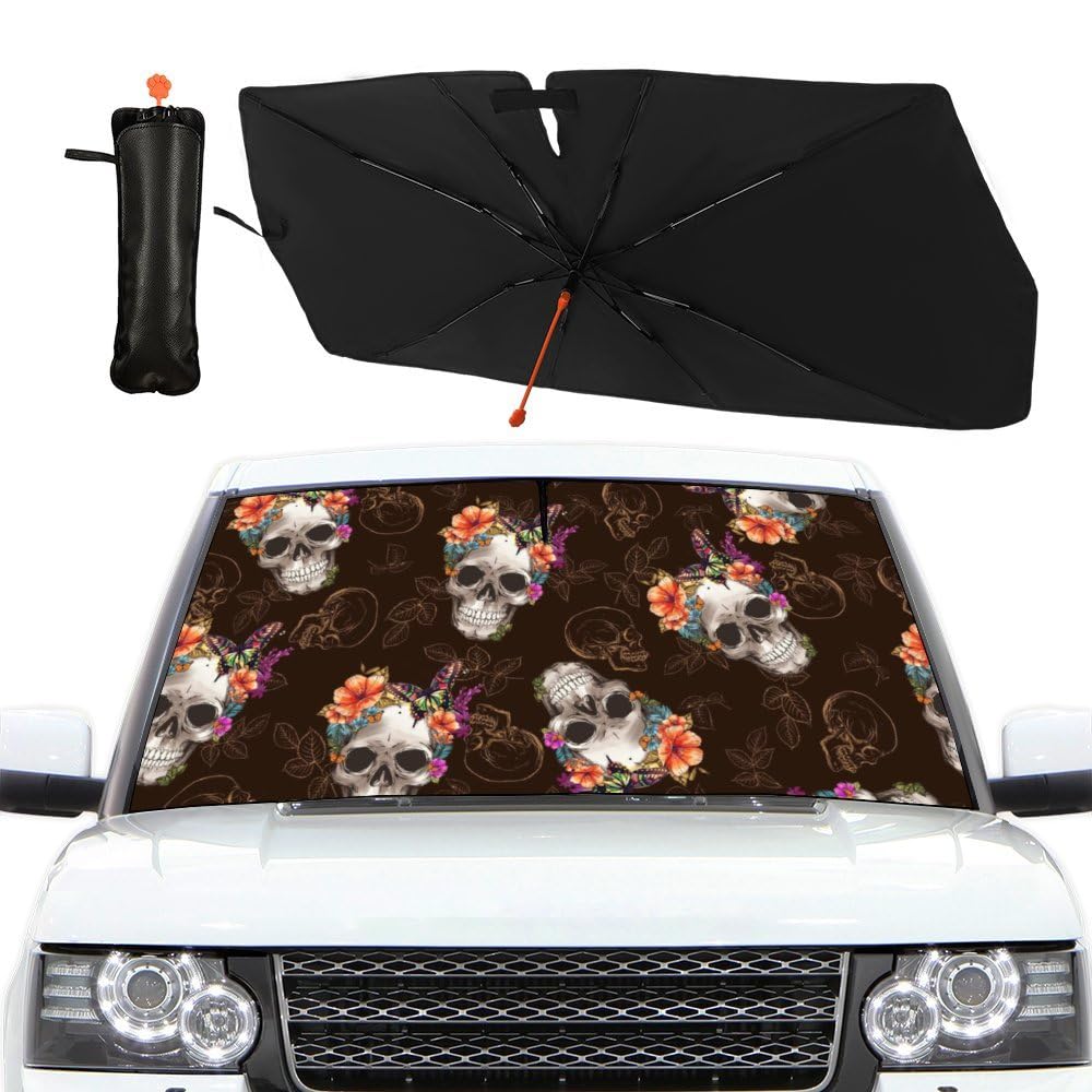 Edeeil Gorgeous Skeleton Flowers Car Umbrella Sun Shade Cover Punk Skull Foldable Car Windshield Sun Shade Umbrella Block UV Rays Heat Keep Vehicle