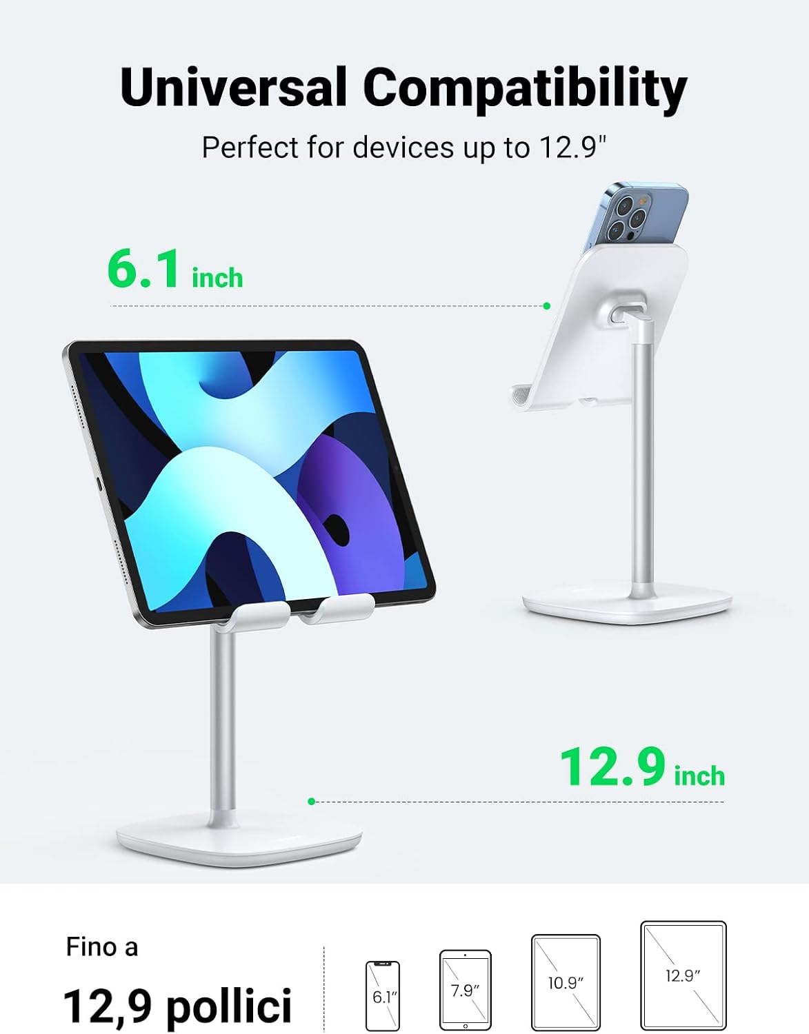 UGREEN Tablet Stand Holder Adjustable Desktop Holder Dock Riser Compatible for iPad 10.2 Inch iPad Air 10.5 iPad Mini 4 3 2 E-Book Reader Max 12.9 Inch White