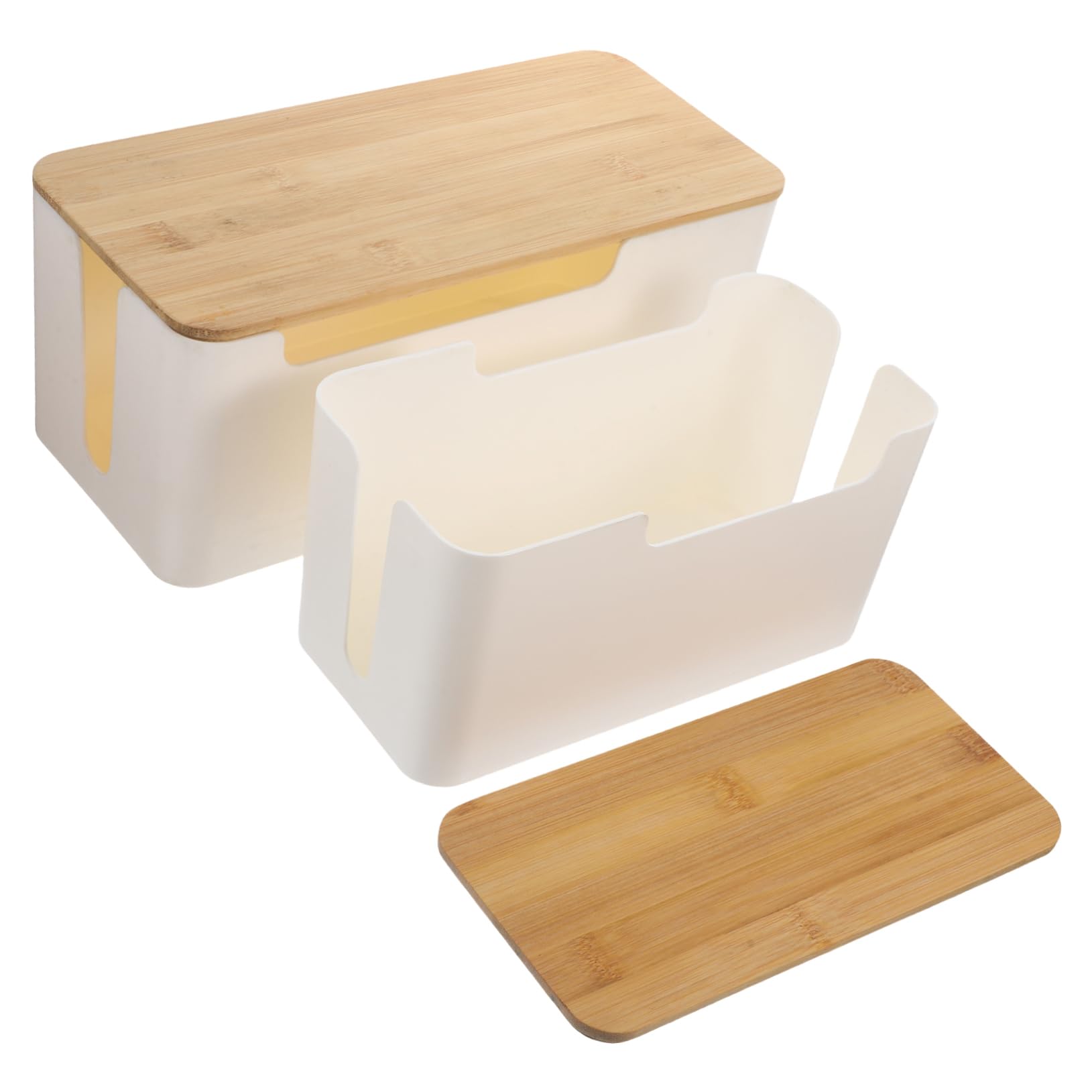 Kabelmanagementbox 2 Stück mit Bambusdeckel Weiß für Schreibtisch