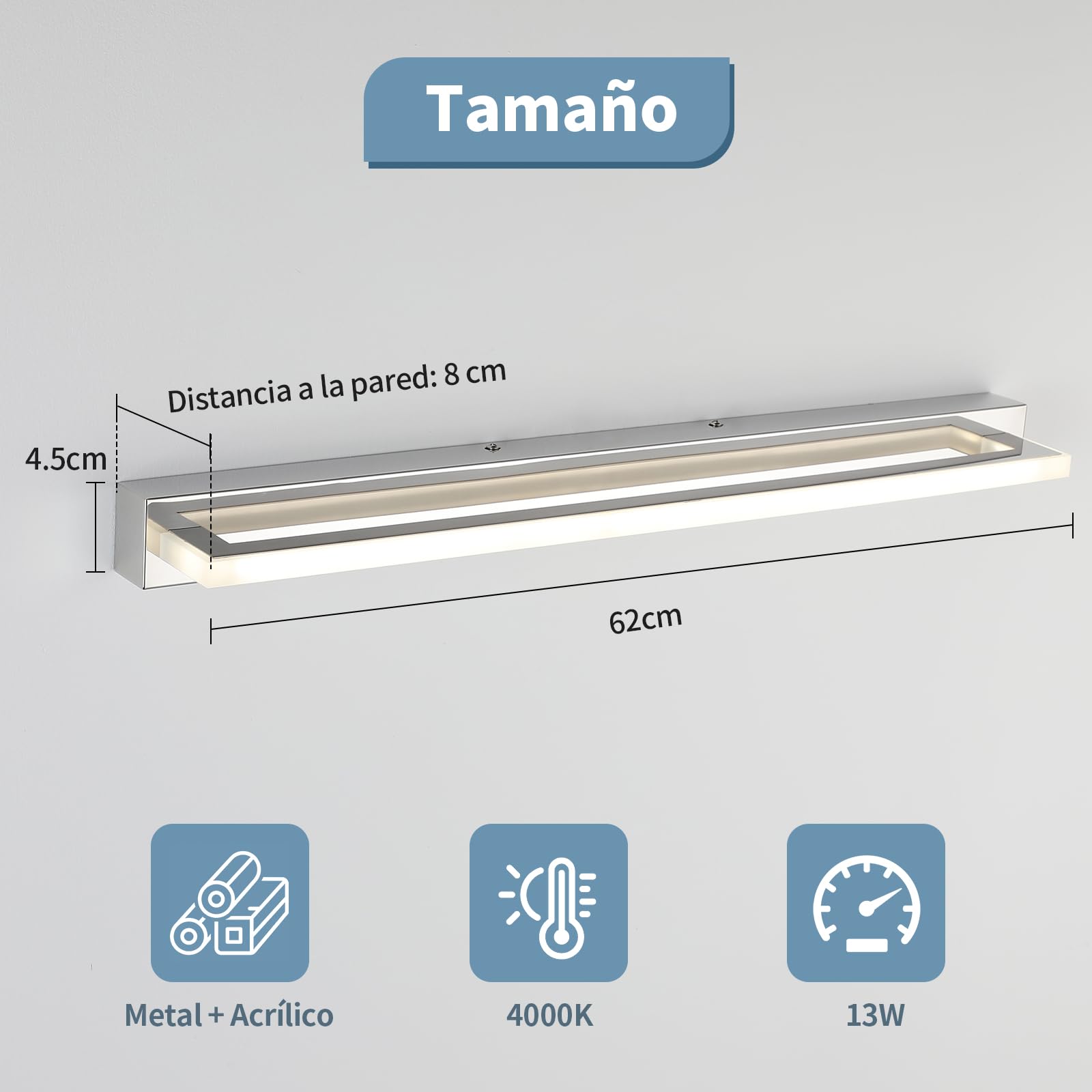 Aplique Espejo Baño 62CM, Lámpara de Baño Blanco Natural 4000K, Luz de Espejo LED 13W, Lámpara LED de Pared Moderno IP44