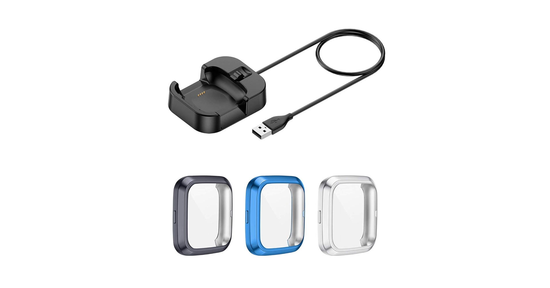 EZCO Screen Protectors Plus Charger Compatible with Fitbit Versa 2 (Not for Versa), Can Charge with Bumper Case On, [3+1 Pack] Exclusive Charging Cable Dock Soft TPU Case Cover Frame for Versa 2 Watch