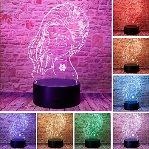 Image of Cute Frozen Princess Elsa Anime Character 3D LED Optical Illusion Bedroom Decor Sleep Table Lamp with Remote 7 Colors Acrylic Visual Night Light Birthday Christmas Gifts for Child Kids Toddlers