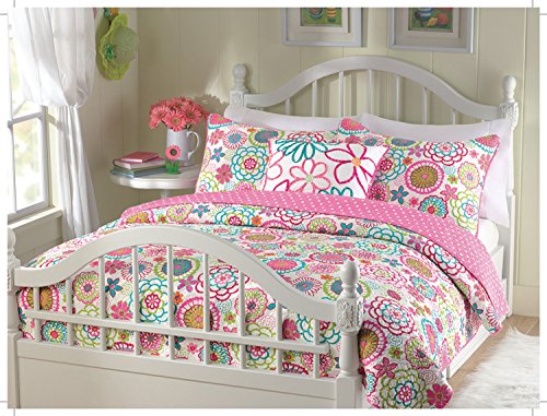 Cozy Line Pink Bloom Floral Polka Dot Reversible Bedding Set for Girls, Ultra Soft All-Season Comforter Set with Decorative Pillow (Mariah, Queen - 4 Piece)