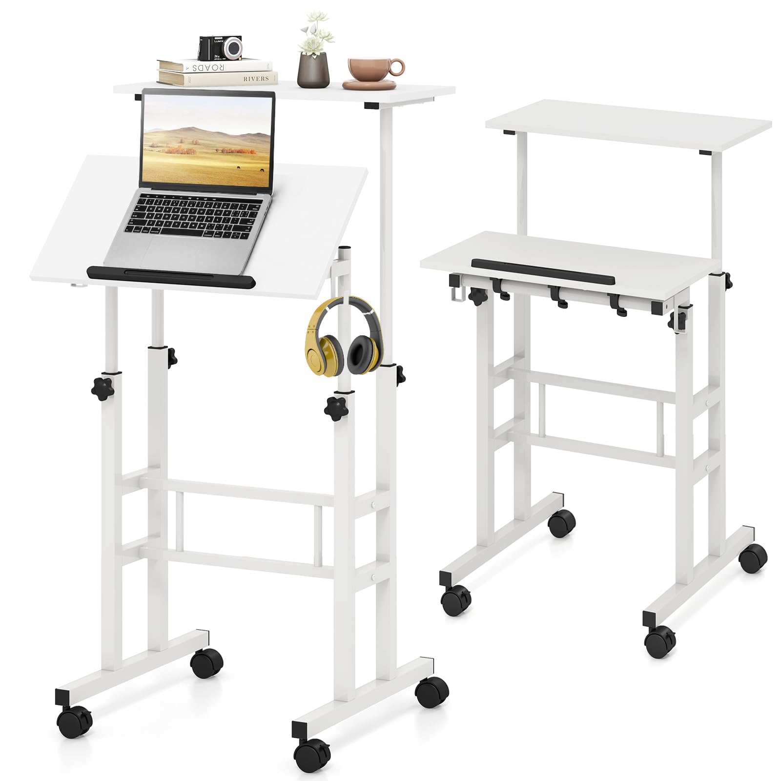 LIFEZEAL Escritorio de pie con Ruedas, Mesa móvil de Ordenador de Altura Ajustable, Estación de Trabajo de Pie con Bandeja para Oficina, Dormitorio y salón, 60 x 55 x (72-124) CM (Blanco)