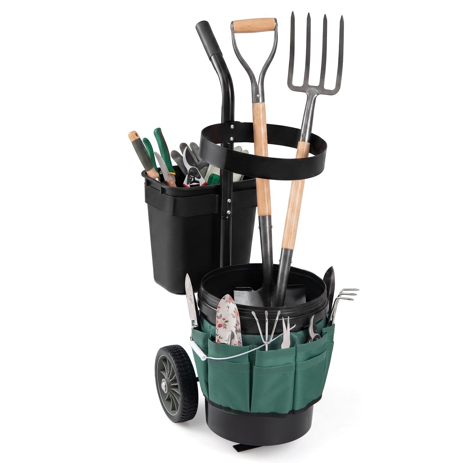 COSTWAY Carro de Jardín para Herramientas, Carrito de Transporte de Jardinería con 2 Cubos Desmontables, Bolsas de Tela Oxford, Estructura de Metal, Carretilla de Utensilios para Exterior