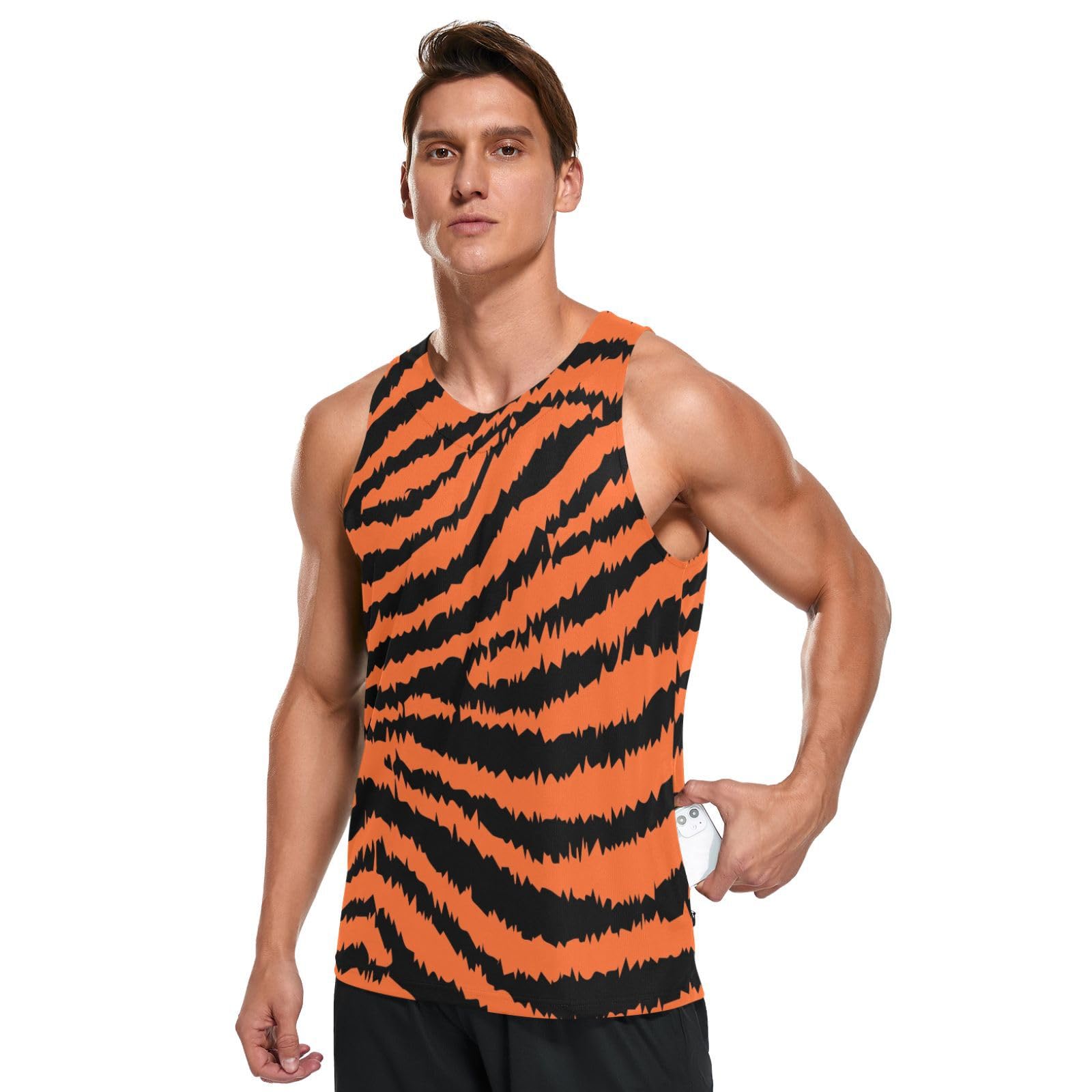 JHKKU Men's Tank Tops Gym Athletic Sleeveless Shirts with Pocket, Tiger Print, Medium