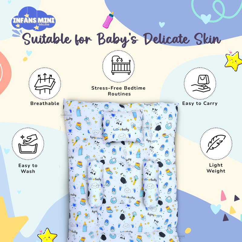 Image of Baby Sleeping Mattress Set Cotton with Bolsters & Pillow, for 0-12 Month Newborns-Unisex (Panda Blue)