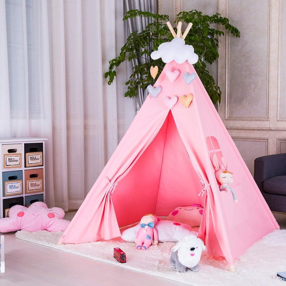 Teepee Tent with Star Lights & Blanket & Carry Case, Natural Cotton Canvas Toddler Tent - Washable Foldable Teepee Tent for Kids Indoor Tent, Outdoor Play Tent for Girls & Boys, Pink
