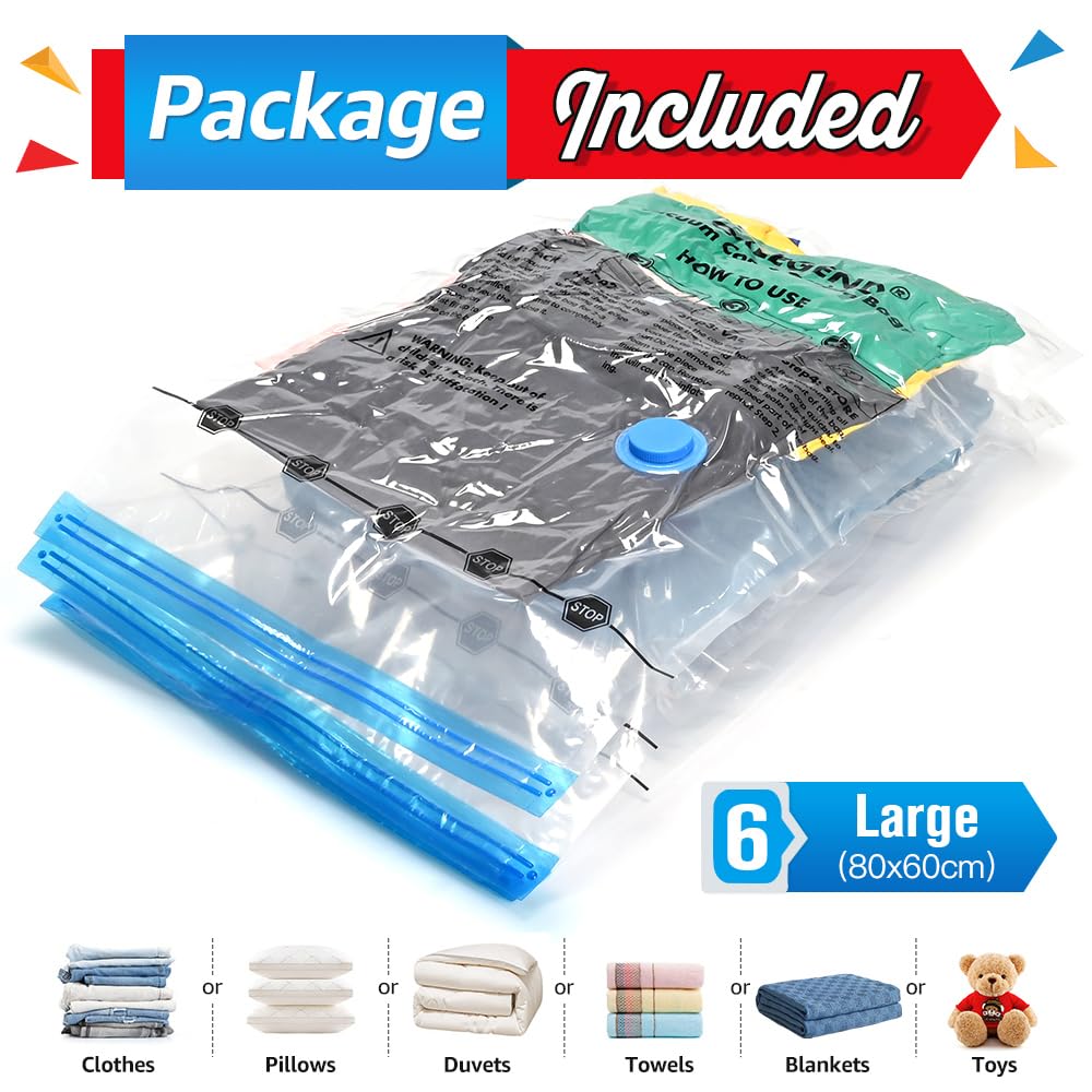 BoxLegend Sacchetti Sottovuoto Vestiti 6 Pezzi, 6 * 80x60cm Tipo Spesso Sacchetti Sottovuoto Salvaspazio Riutilizzabili per Contenere Coperte Vestiti Lenzuola Piumoni Cuscini