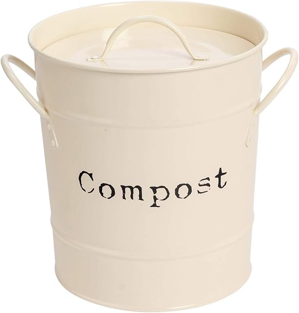 Harbour Housewares 1x Cream Indoor Kitchen Compost Bin - Vintage Style Steel Storage Food Waste Bucket - Removable Bin Liner Inner