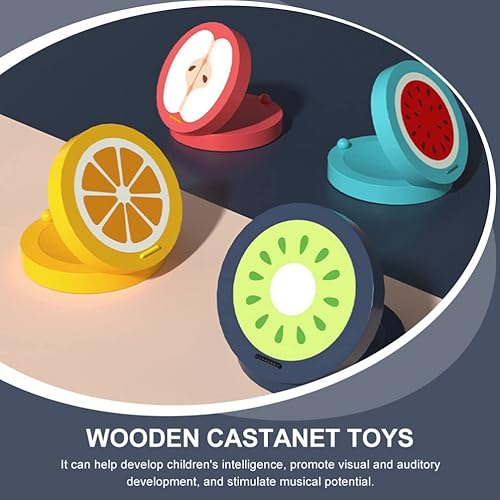 Miniatura 3 de Panderetas para niños, 4 unidades, castañuelas de dedo, patrón de frutas, castañuelas musicales de madera, instrumentos musicales ritmo para niños