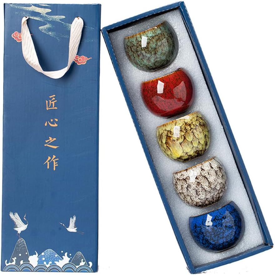 5Pcs Ceramic Tea Cup Set, 6oz Chinese Tea Cups with Designed Gift Box - 5 Stylish Colors