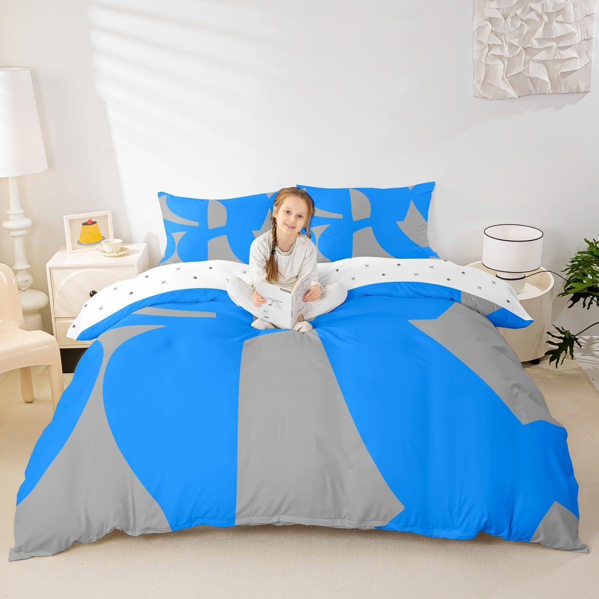 jejeloiu Blue Grey Duvet Cover Abstract Art Toddler Size Bedding Set for Kids Boys Girls Modern Geometric Abstract Comforter Cover Soft,No Comforter