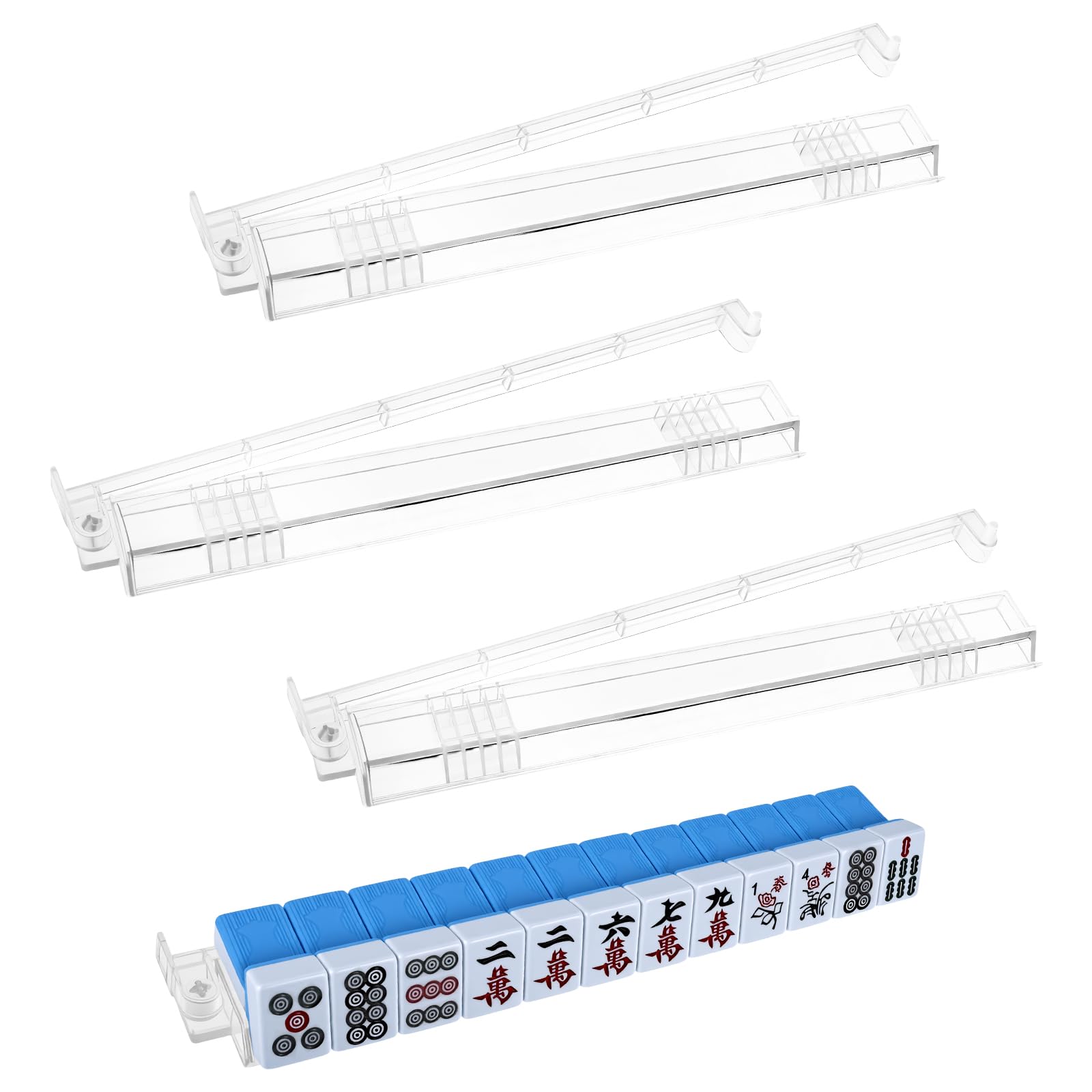 YUEKUNTJ 4Pcs Mahjong Rack with Pusher Set, Mahjong Tile Holder Rack, Pusher Tile Organizer Mah Jong Holder, Gathering Board Game Accessories, Stackable and Nonslip Track Design for Home Use
