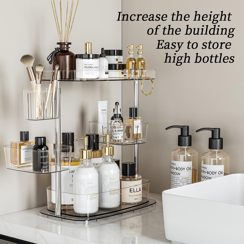 Clear Acrylic Makeup Organizer, Multi-Tier Cosmetic Storage Rack with Side Containers, Large Capacity Skincare Holder for Bathroom Counter, Vanity & Desk