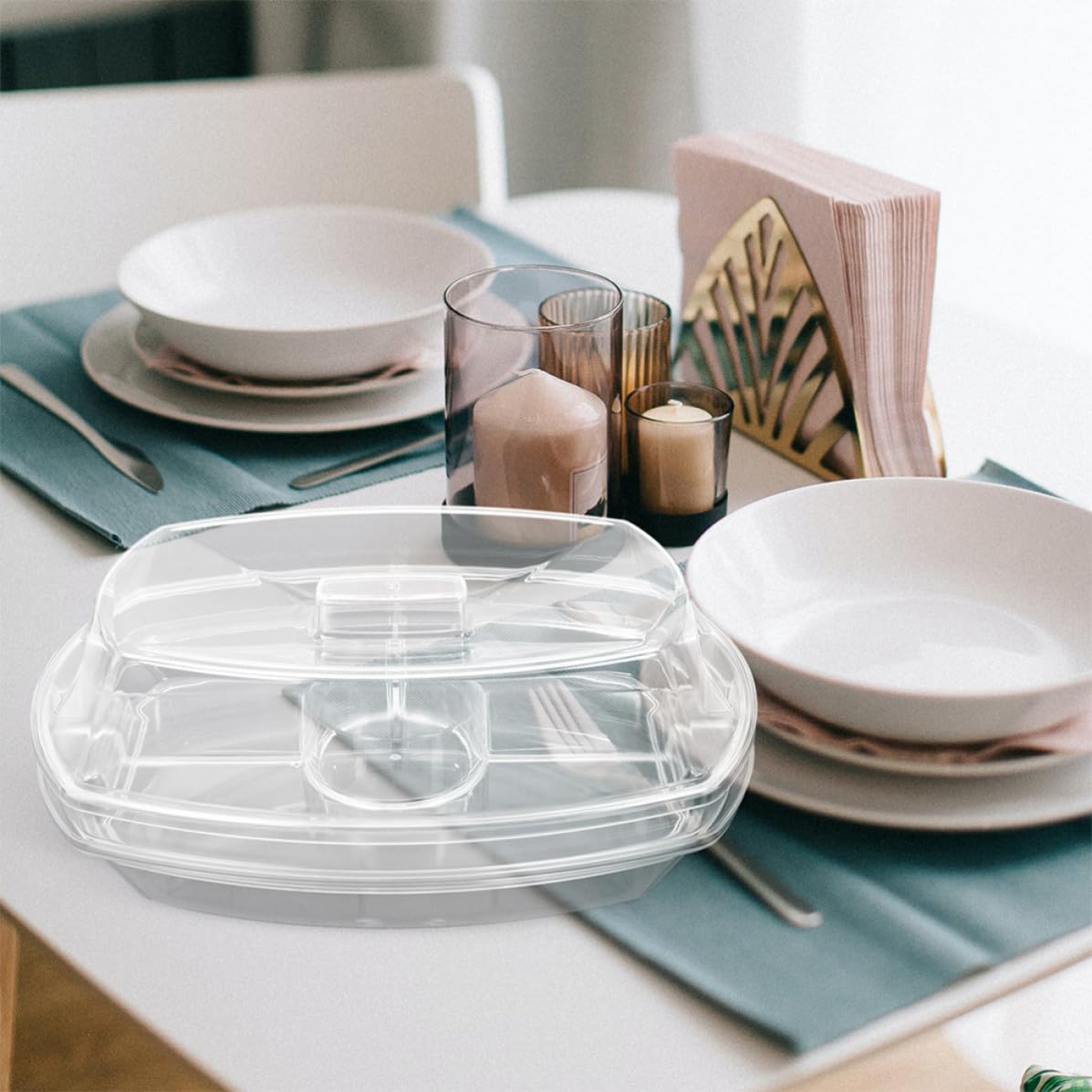 SHINEOFI Vassoio Refrigerato da Portata con Coperchio in Plastica, Design a 4 Scomparti per Frutta e Alimenti Freschi, per Cucina e Eventi