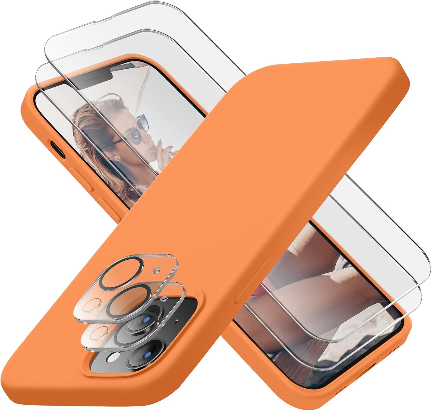 Cordking Designed for iPhone 14 Case, Silicone Phone Case with [2 Screen Protectors] + [2 Camera Lens Protectors] and Soft Anti-Scratch Microfiber Lining Inside, 6.1 inch, Kumquat