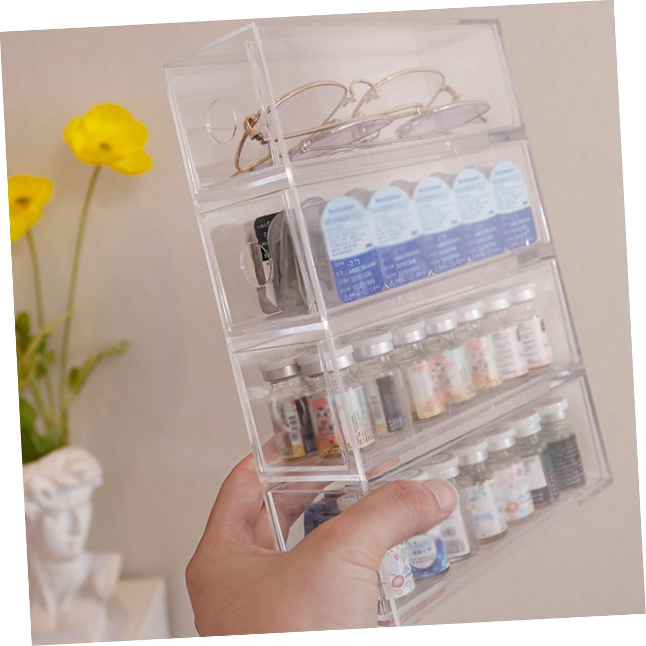 Gatuida Organizer per Conservare e Organizzare Cosmetici in Acrilico Trasparente per Trucco 4 Scomparti e Cassetti Impilabili, Semplice e Raffinato