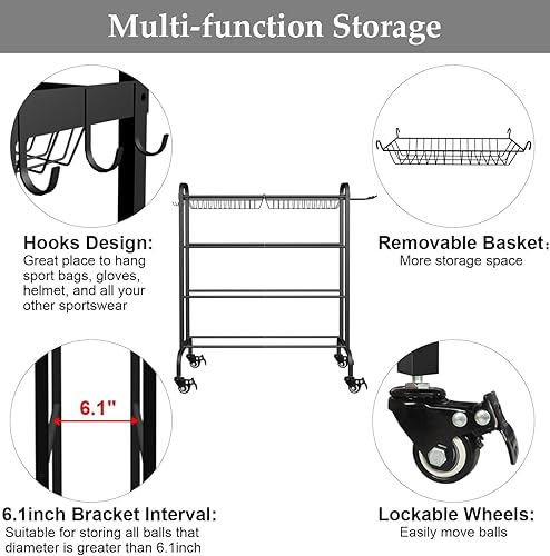 Miniatura 5 de Organizador de bolas con ruedas, soporte de baloncesto rodante de 4 niveles para pelotas, soporte de almacenamiento de equipo deportivo para
