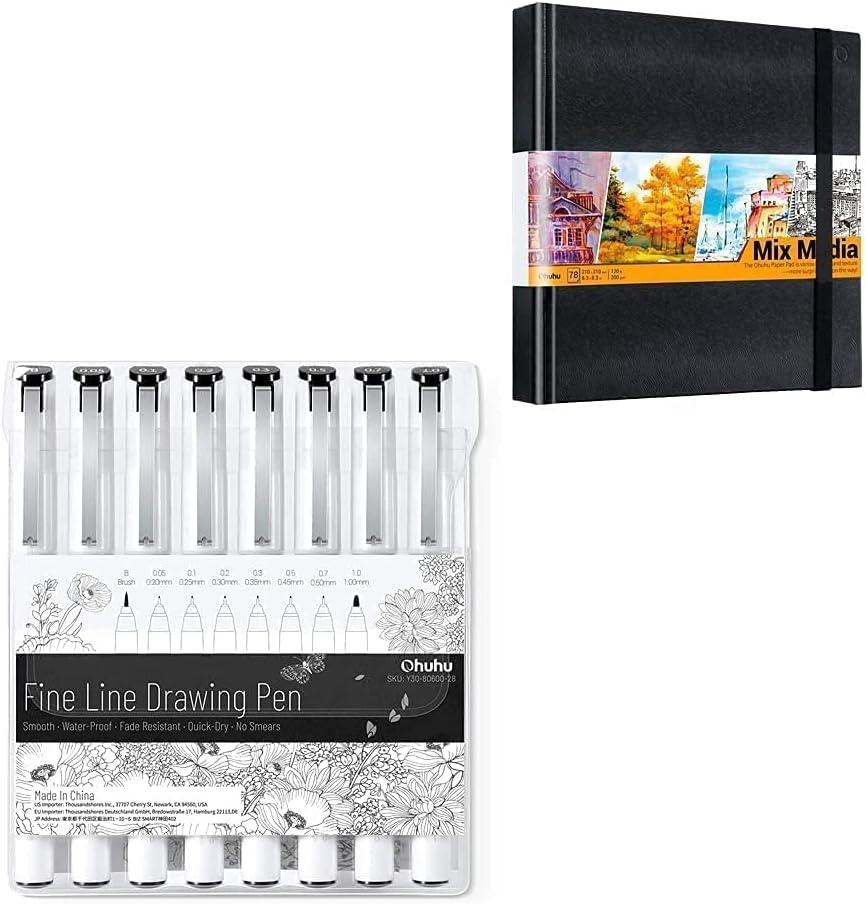 Ohuhu Fineliners Drawing Pen + Mix Media Pad, 8.3"×8.3" Mixed Media Art Sketchbook