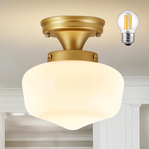 AyshwillDec Lámpara escolar de latón de 8 pulgadas, lámpara de mediados de siglo, lámpara de vidrio de leche, lámparas de techo semiempotradas para