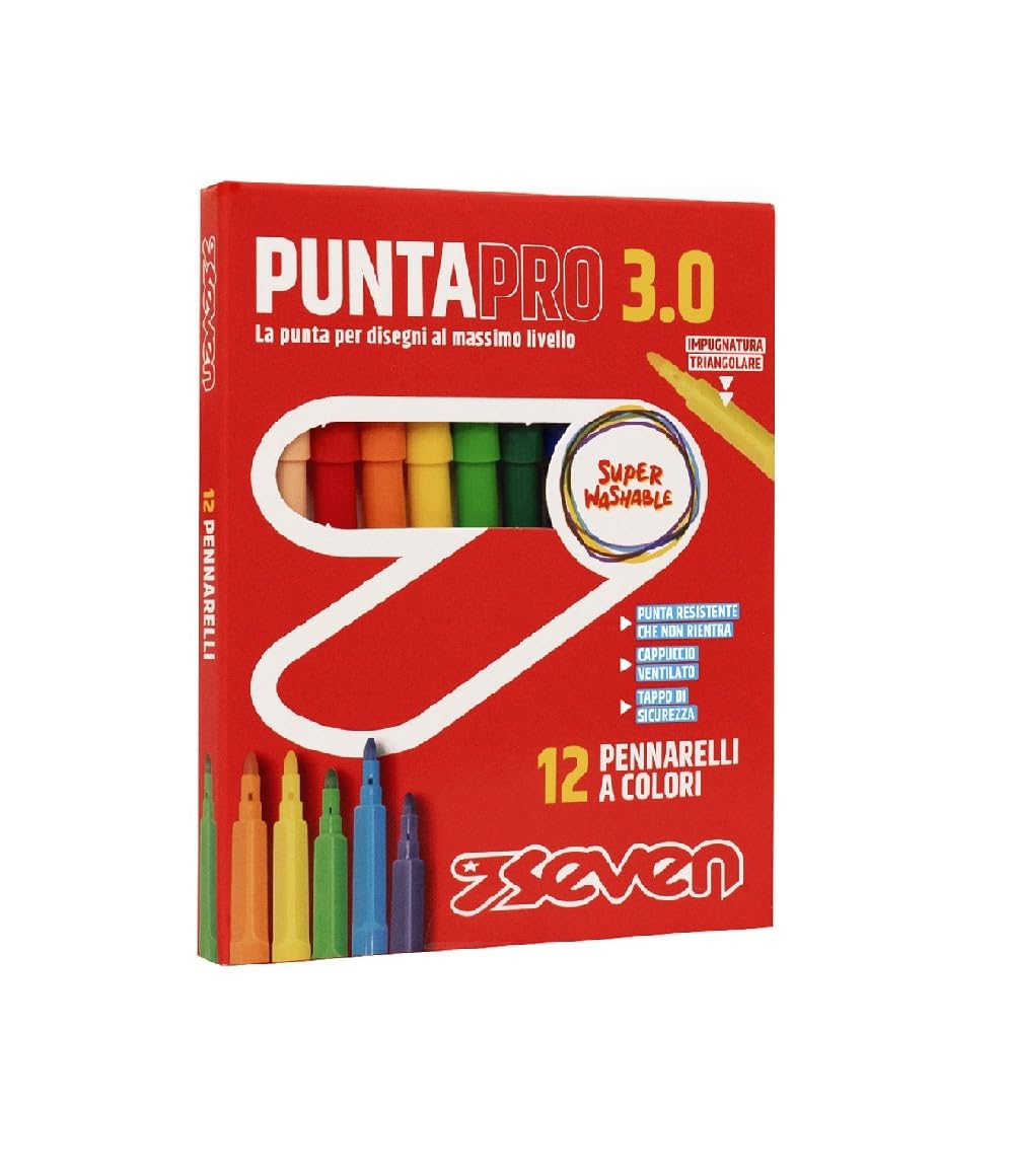 Seven Pennarelli Scuola Puntapro 3.0 - Scatola da 12 Pz, Pennarelli a Colore, Super Washable, Bambini e Ragazzi