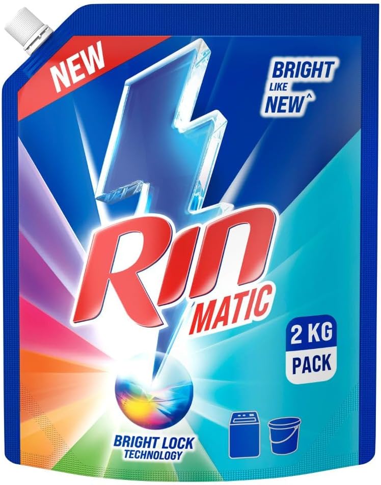 RIN Matic Liquid Detergent, 2Kg, for Dazzling Brightness, with Bright Lock Technology, Long-Lasting Fragrance, for Top Load Washing Machines