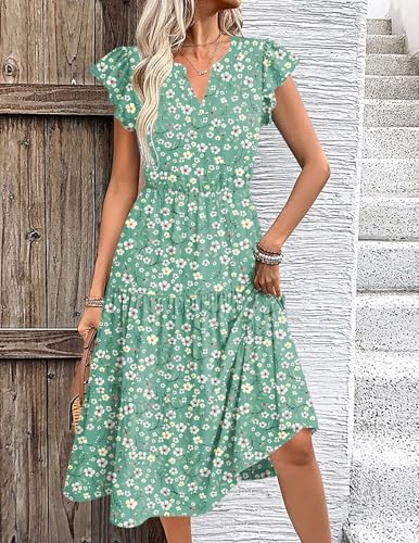 Image of ZEAGOO Womens Summer Casual Dresses Ruffle Sleeve V Neck Midi Dress Flowy Tiered Dress with Pockets Boho Sundresses