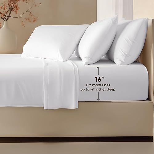 Miniatura 5 de SONORO KATE Juego de sábanas de algodón de 800 hilos, ropa de cama y fundas de almohada transpirables y refrescantes, 4 piezas (blanco, Queen)