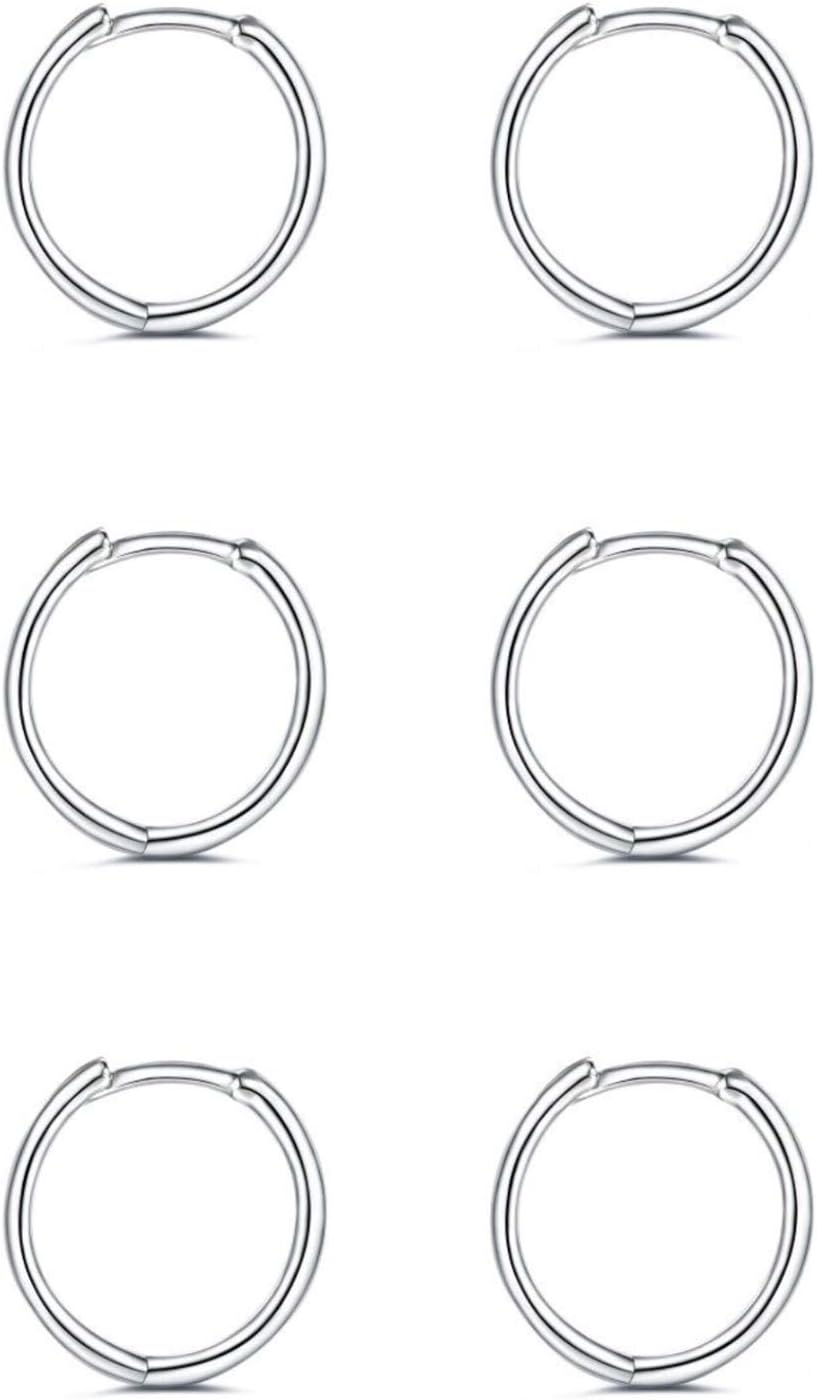 925 Sterling Silver Hoop Earrings for Women - 3 Pairs Hypoallergenic Lightweight Hoops Fashion Earrings Cartilage Earring Small Hoop Earrings for Women Men (6/8/10/12mm)