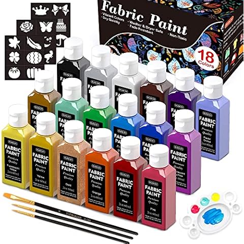 Shuttle Art Textilfarbe waschmaschinenfest, 18 waschfeste Stoffmalfarben (je 60ml) in Flaschen mit Pinseln, Vorlagen, wasserfeste Stofffarben für Kinder auf T-Shirt, Schuhe, Jeans, Tasche, Kleidung Cover