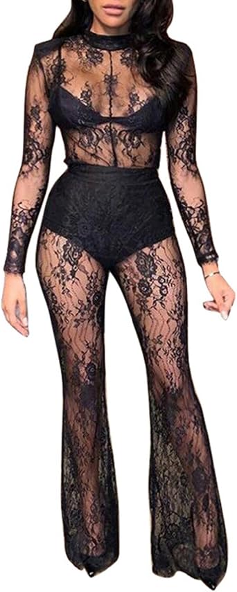 Womens Sexy Lace Jumpsuit See Through Mesh Long Sleeve One Piece Outfits Romper Clubwear