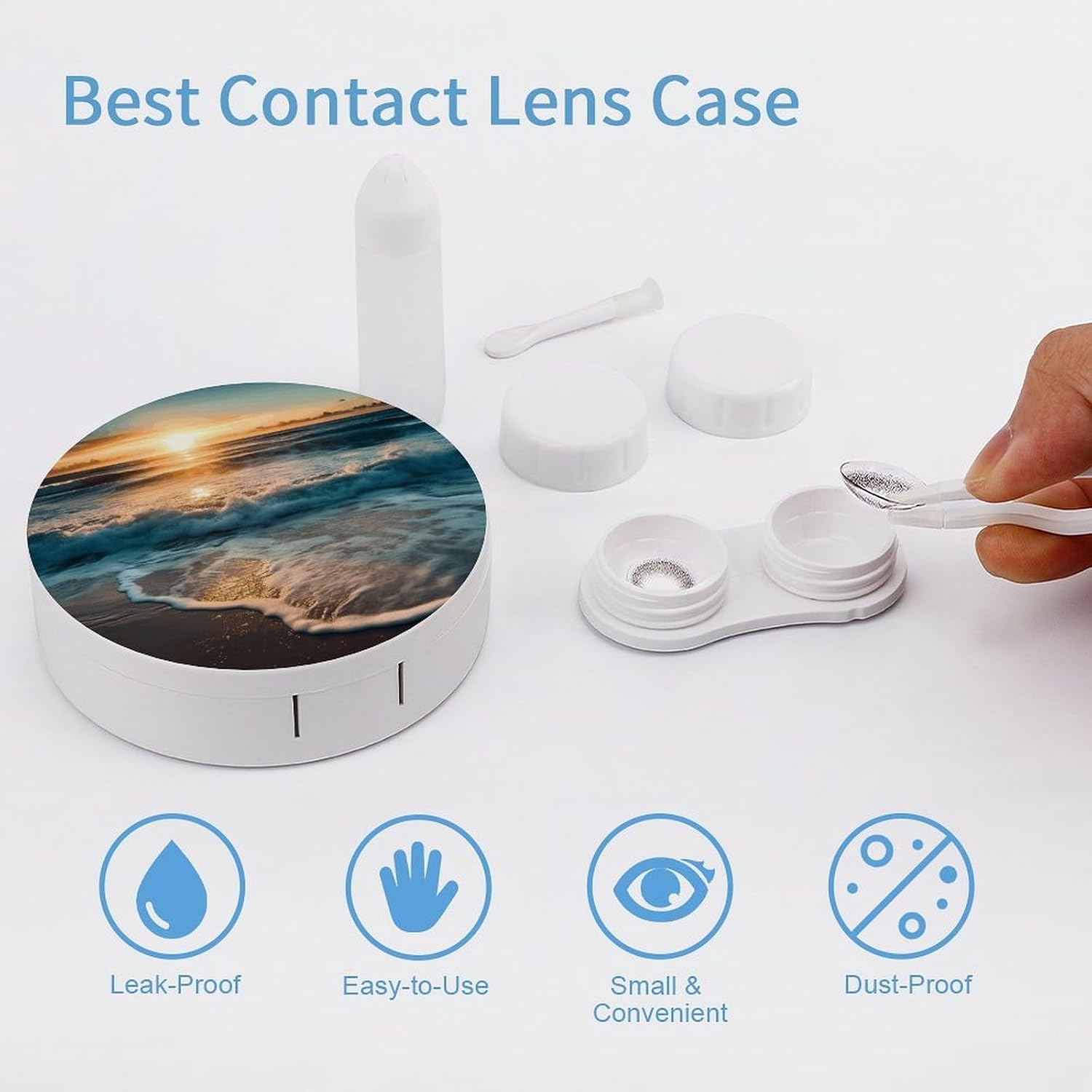 Ocean Sunrise Contact Lens Case Portable Contact Case Soak Storage Kit Cute Contact Lens Solution Bottle with Mirror Tweezers Solution Soaking Cases for Daily Travel Outdoor Use